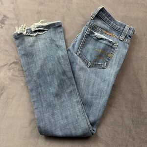 Frankie B. Low Rise Flare Jeans Blue Palm Tree Embroidery Y2K Distressed Size 28